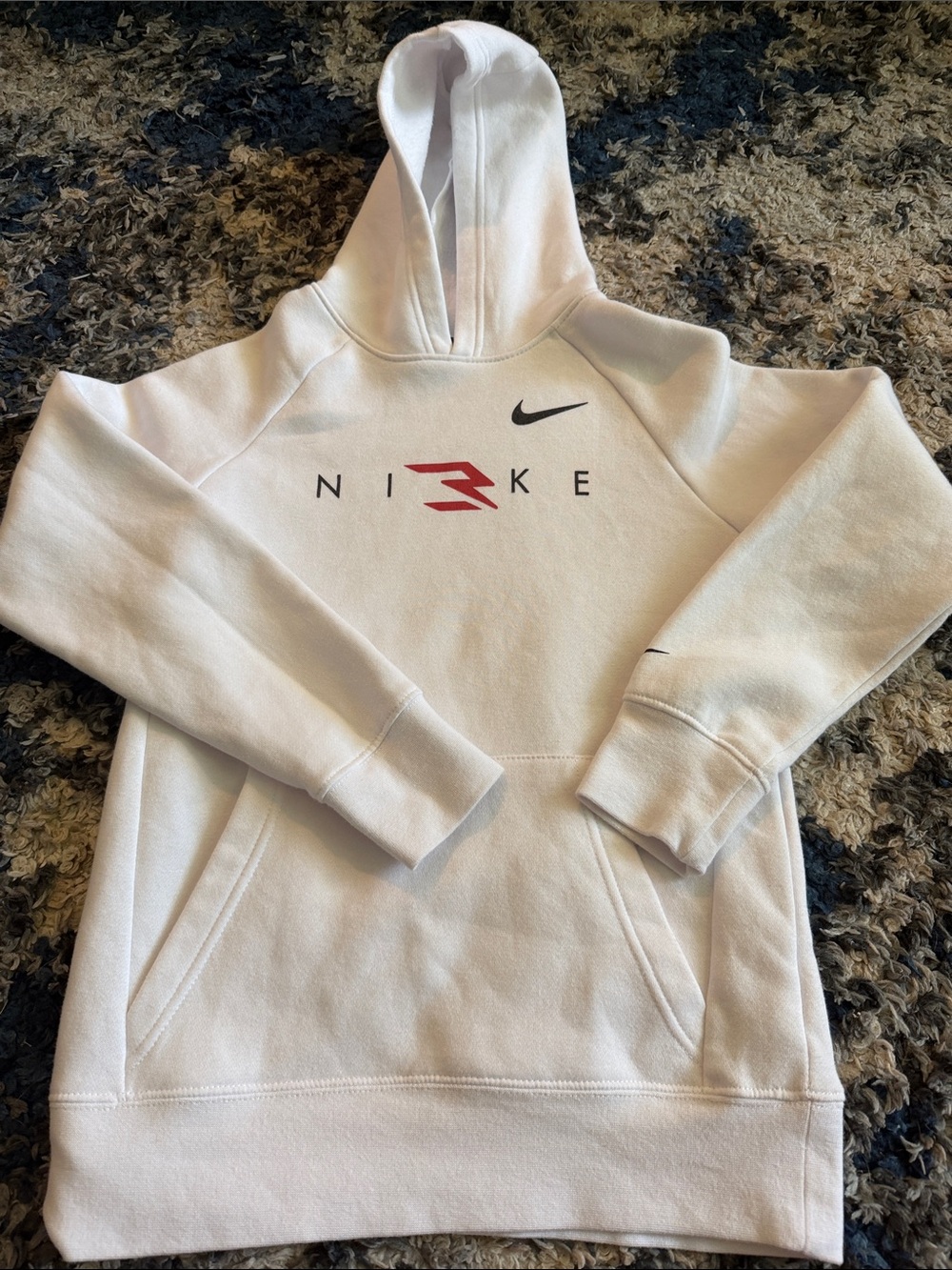 Nike White Hoodie with Black Swoosh and Red Logo Accent